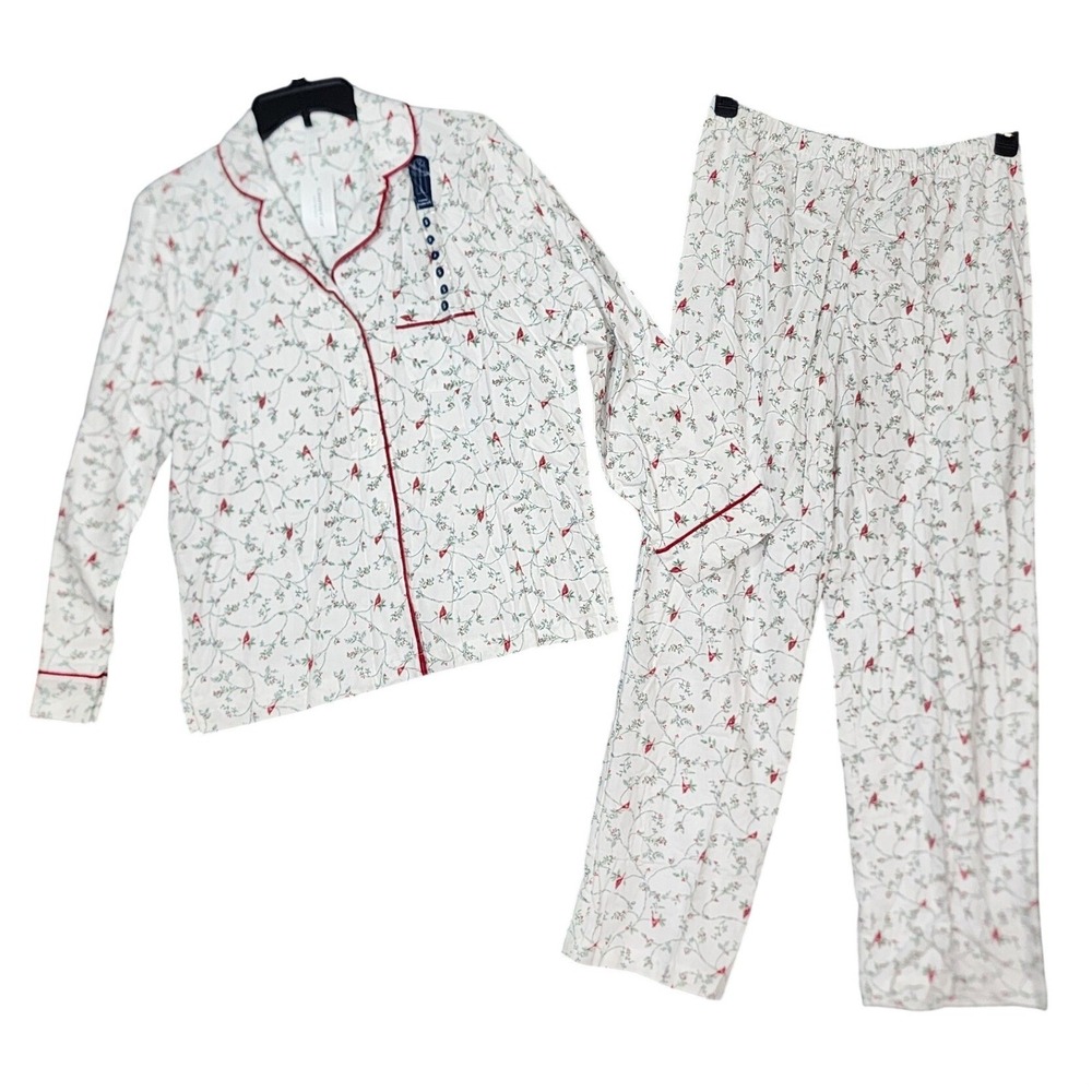 Charter Club Flannel Pajama Set Cardinal Bird Print White Red Size Small